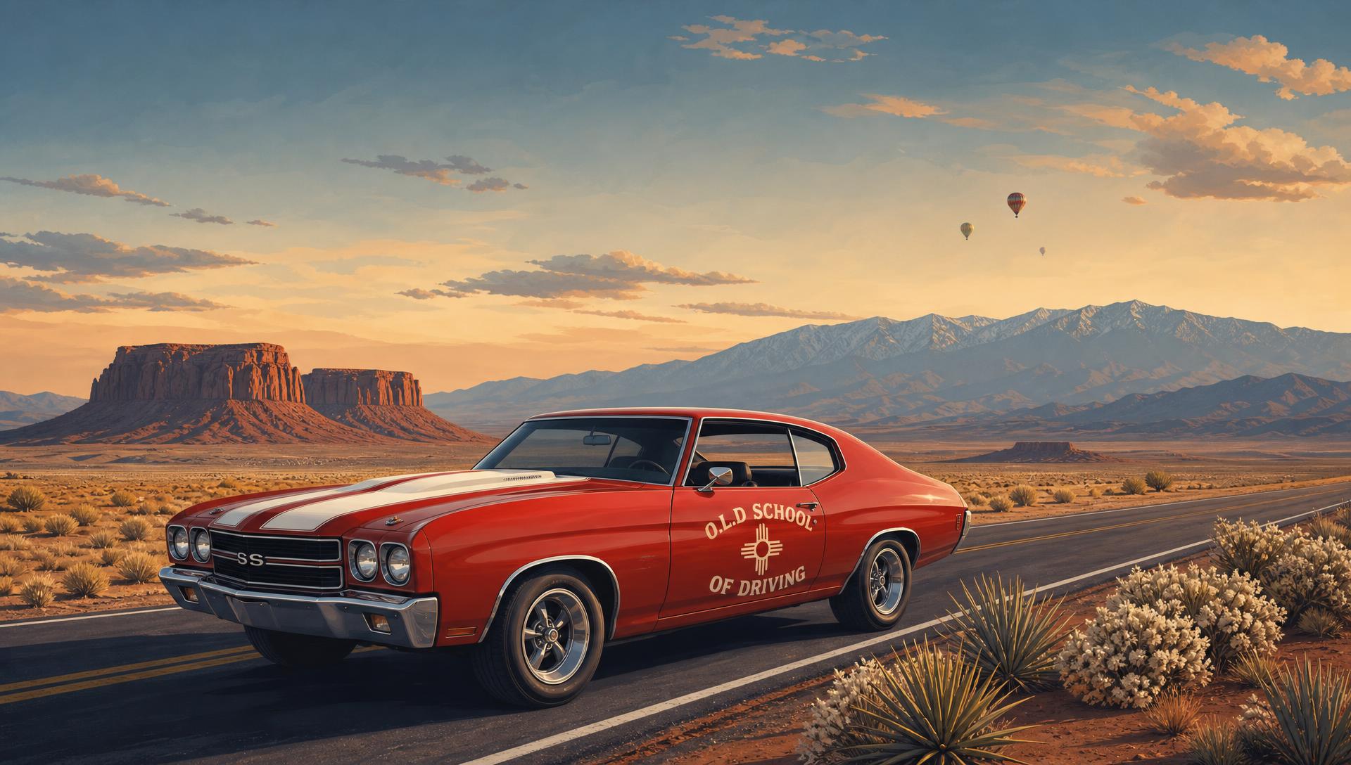 Red classic muscle car with O.L.D School of Driving lettering on a New Mexico desert highway with mesas and mountains